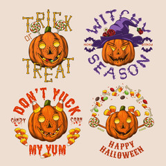 Set of halloween labels with sweets, candy corn, bones, witch hat, text, pumpkins like human characters such as happy kids and funny witch. Colorful emblems in vintage style on white background
