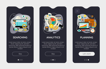 Flat design responsive Searching, Analytic, Planning UI mobile app splash screens. Template with trendy illustrations