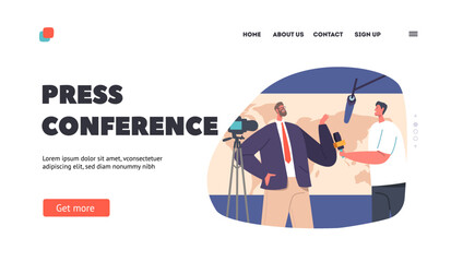 Press Conference Landing Page Template. Journalist Interviewing Politician during Briefing. Man Speak with Reporter