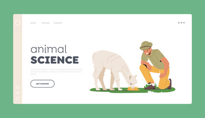 Animal Science Landing Page Template. Zoologist Study Animal In Natural Habitat. Scientist Naturalist Explore Lama