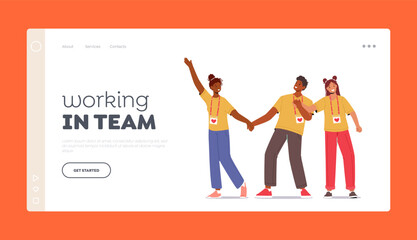 Working in Team Landing Page Template. Joyful Volunteers with Hands Up. Happy Group Of Young Male and Female Characters