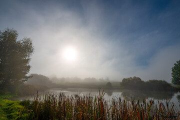 Fototapeta premium an autumnal landscape with pond and fog