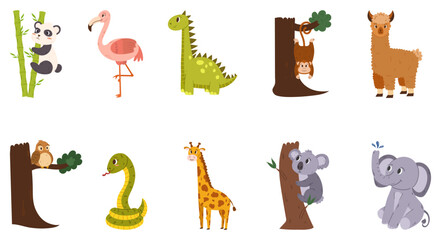 Set of Cute Animals, Cartoon Funny Flamingo, Giraffe, Snake And Dino. Monkey, Owl, Panda And Llama, Koala Or Elephant