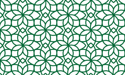 Modern simple geometric vector seamless pattern with green flowers, line texture on white background. Light abstract floral wallpaper, bright tile ornament