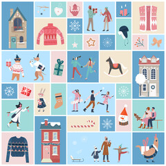 Happy people celebrate winter holidays set vector illustration. Cartoon human and animal characters in sweaters and warm clothes go to skate and ski, give gift box in square collage background