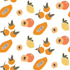 Tropical fruit pattern, papaya, peach, berries, lemons, mango
