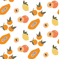 Tropical fruit pattern, papaya, peach, berries, lemons, mango