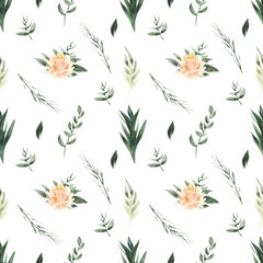 Watercolor Tropical Foliage, Flamingos, Pink Flowers, Peonies, Roses