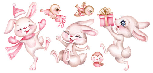Set of cute little rabbits. Funny Christmas bunny with gift box and birds. Symbol of 2023 New Year.  Collection watercolor illustrations isolated on white background.