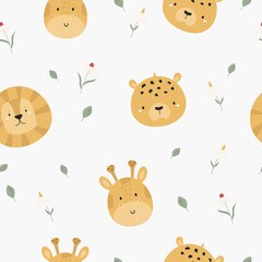 Seamless pattern with cute african animals cheetah, giraffe and lion