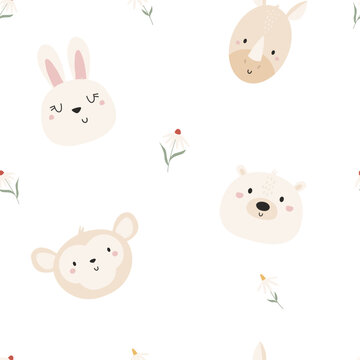 Seamless pattern with cute animals polar bear, rabbit, monkey and rhino