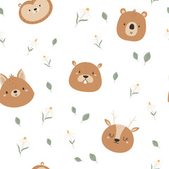 Seamless pattern with cute forest animals fox, deer, bear, beaver and hedgehog
