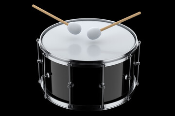 Realistic drum and wooden drum sticks on black. 3d render of musical instrument