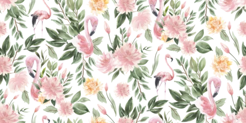Tuinposter Watercolor Tropical Foliage, Flamingos, Pink Flowers, Peonies, Roses © Nadi