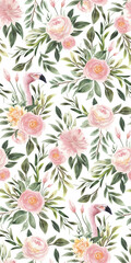 Watercolor Tropical Foliage, Flamingos, Pink Flowers, Peonies, Roses
