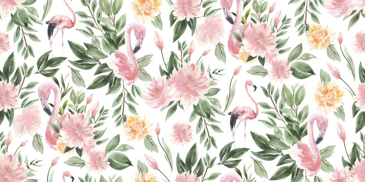 Watercolor Tropical Foliage, Flamingos, Pink Flowers, Peonies, Roses