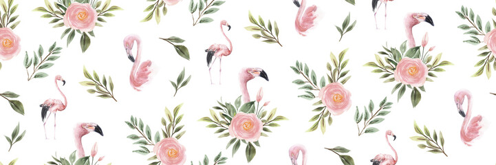 Watercolor Tropical Foliage, Flamingos, Pink Flowers, Peonies, Roses