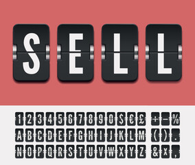 Vector illustration template. Scoreboard retro font. Flip countdown timer alphabet with shadows isolated on red background. Vintage flip clock time counter vector template for investing advertise