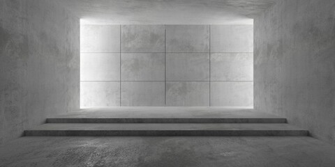 Abstract empty, modern concrete room with steps, plated back wall and rough floor - industrial interior background template