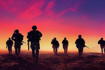 Military (Army, Marines, Navy, Air Force) Veterans. Soldiers at sunset silhouettes computer image with no reference photos used.  - obrazy, fototapety, plakaty