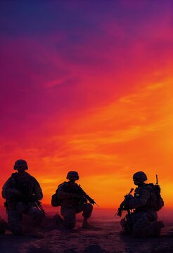 Military (Army, Marines, Navy, Air Force) Veterans. Soldiers at sunset silhouettes computer image with no reference photos used. 