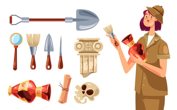 Archeology history archaeologist explorer isolated set. Vector graphic design illustration
