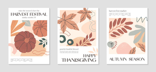 Happy Thanksgiving day and harvest posters with pumpkins,foliage and copy space for text.Modern autumn covers for invitations,social media marketing,greetings,brochure.Trendy holiday backgrounds.