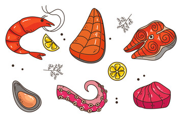 Fish sea food cooking seafood line art style abstract isolated set. Vector graphic design illustration
