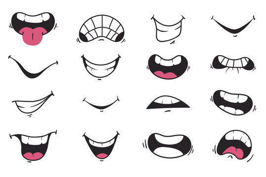 Mouth smile cute cartoon doodle face expression isolated set. Vector graphic design element illustration