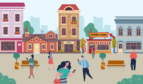 City Street Small Town Walk Building People Walking Abstract Concept. Vector Graphic Design Illustration
