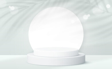 Realistic product podium and transparent shadow from palm leaf on white background. 3d round pedestal. Vector template