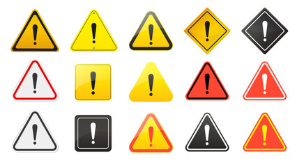 Caution signs. Danger and warning icons set in yellow triangle. Vector symbols