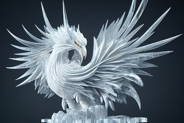 3D rendering of computer-generated phoenix ice sculpture. White polygonal look with frosty ice texture to create a realistic-looking adult phoenix bird model with icy blue and white colors - obrazy, fototapety, plakaty