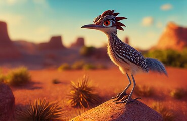 Modern 3D rendered computer-generated image of a desert roadrunner in a Southwestern US/Arizona setting. Made to look like realistic modern animation on a bright and sunny day in the Saguaro desert