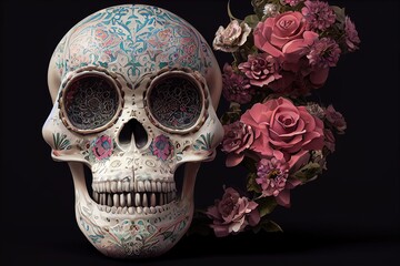 3D Rendered Calavera (Sugar Skull) in a traditional style for Dia de Los Muertos (Day of the dead). Flowers and skeleton computer generated to replicate photorealism and hyperrealism