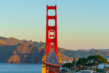 Golden Gate Bridge in california USA. With fort in the sunrise and sunset with the Pacific Ocean...