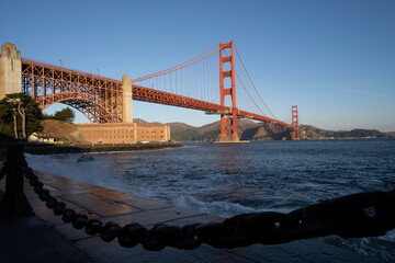 Golden Gate Bridge in california USA. With fort in the sunrise and sunset with the Pacific Ocean view