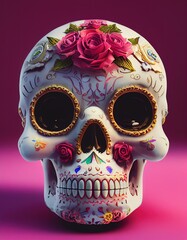 3D Rendered Calavera (Sugar Skull) in a traditional style for Dia de Los Muertos (Day of the dead). Flowers and skeleton computer generated to replicate photorealism and hyperrealism