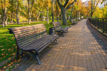 Bench in the sunny autumn park.