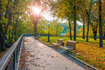 Beautiful park with bench and vintage city light