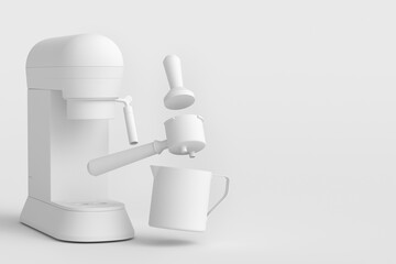 Espresso machine with horn and geyser coffee maker on monochrome background.