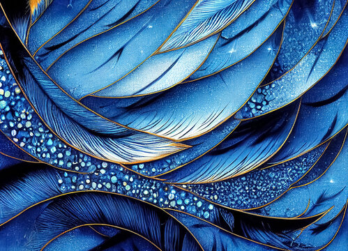 Abstract fractal background with feather texture. Blue colour tones. Detailed digital painting.
