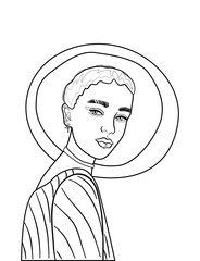 Line art portrait of young beautiful woman in hat. Simple colouring page of attractive girl in half-turn. Hipster lifestyle.