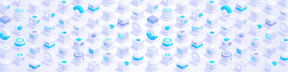 Technology background. Abstract futuristic cubes design and different geometric shapes. Digital innovation and artificial intelligence. Blockchain tech. Vector illustration in isometric view