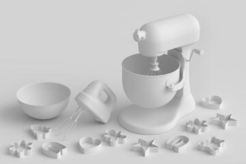 Mixer and hand mixer with kitchen utensil for preparation of dough on monochrome