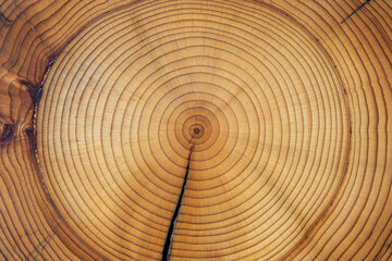 Cross-section of a cedar wood showing concentric growth rings and radial crack. Tree anatomy. Wood...