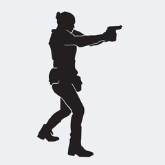 Vector silhouette of a female police agent wearing a uniform on a white background