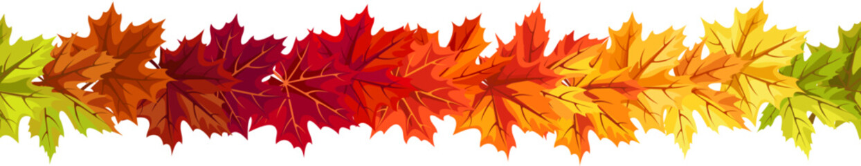 Seamless border with red, orange, yellow, green, brown, and purple autumn maple leaves. Vector illustration