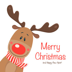Vector Cute and Funny Christmas Deer. Cartoon Christmas Reindeer, Design Template for New Year 2023 Card, Christmas Poster, Sticker, T-shirt Print, Kids Design
