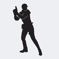 Fototapeta na wymiar Vector silhouette of a female police agent wearing a uniform on a white background